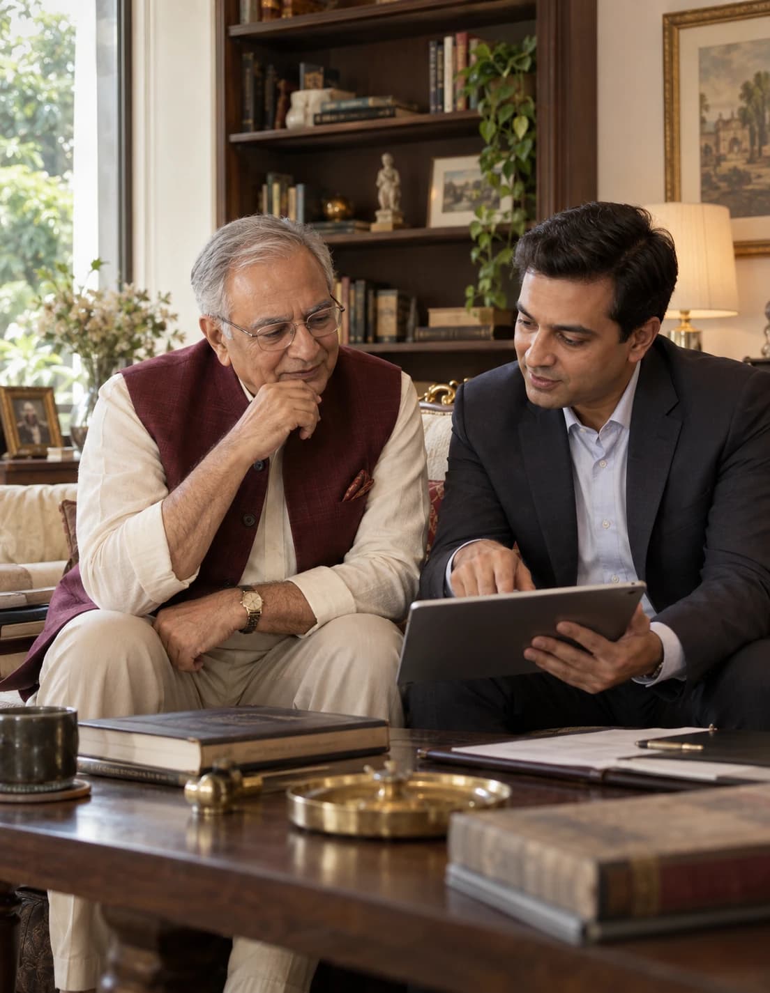 An older client and his advisor reviewing an investment portfolio together