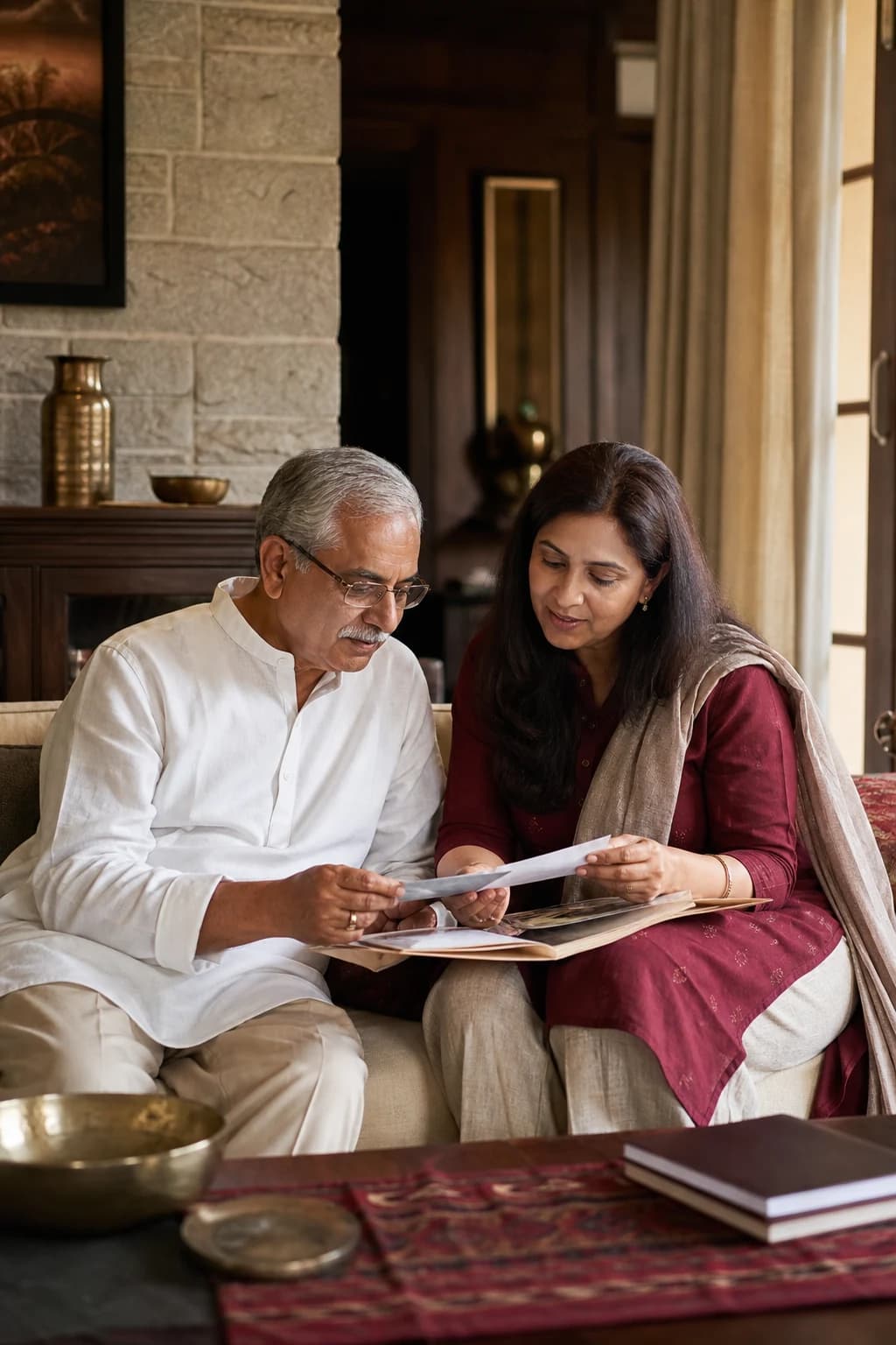 An older father and his adult daughter reviewing family records together at home