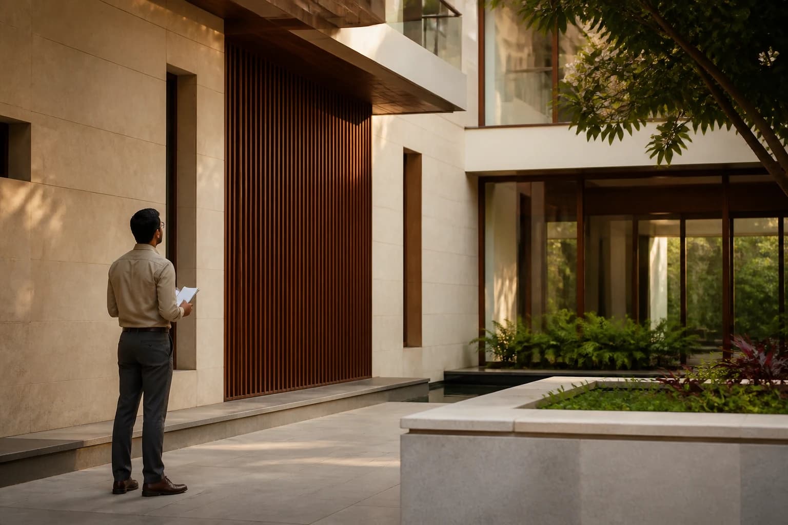 A property professional conducting an exterior inspection of a modern residence